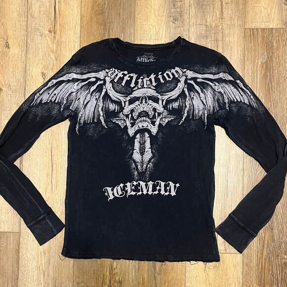 VTG Y2K AFFLICTION UFC Chuck Liddell Iceman Thermal Shirt XL Skull Cross USA Blk - Picture 1 of 7